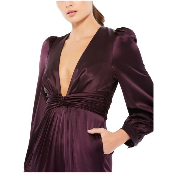 NWT Mac Duggal FRONT TWIST PUFF SLEEVE DEEP V JUMPSUIT, Size 12, Plum, #2647 - Picture 2 of 8